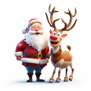 pixar style cartoon, happy santa and rudolph, white background