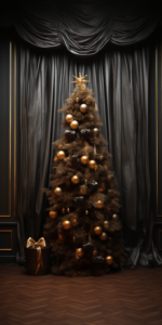 a Christmas photography background with Black and gold Panel Moulding faux feather, Christmas tree with presents, with a heavy dark brown curtain, photorealistic, Insanely detailed, seamless, octane render, 16K,