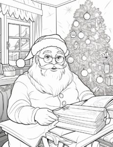 coloring pages for kids, santa at the post office, cartoon style, thick lines, lowdetail, black and white, no shading,