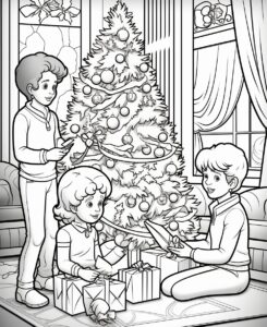 christmas children coloring book page with A family decorating their Christmas tree with tinsel and lights minimalist style, no shadow, no gray, no fill, vector illustration