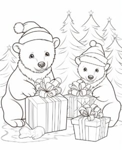 christmas children coloring book page with A family of polar bears exchanging gifts in the Arctic. minimalist style, no shadow, no gray, No dither, no gradient, strong outline, No fill, No solids, vector illustration
