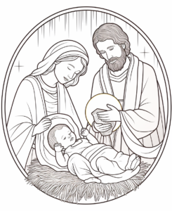 christmas children coloring book page with A serene nativity scene with Mary, Joseph, and baby Jesus. minimalist style, no shadow, no gray, No dither, no gradient, strong outline, No fill, No solids, vector illustration
