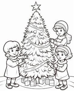 christmas children coloring book page with Family trimming the Christmas tree together minimalist style, white background, coloring book style on white background, well composed, clean coloring book page, No dither, no gradient, strong outline, No fill, No solids, vector illustration