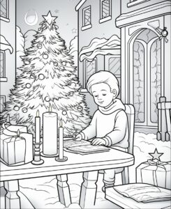 christmas children coloring book page with Kids writing heartfelt letters to Santa with crayons. minimalist style, no shadow, no gray, No dither, no gradient, strong outline, No fill, No solids, vector illustration