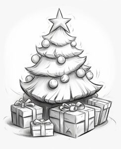 coloring book page for small children Festive Christmas tree surrounded by presents no colors, no shadows