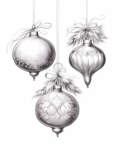 coloring book page for small children Festive ornaments hanging from a sparkling Christmas tree no colors, no shadows