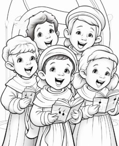 coloring book page for small children Joyful carolers singing merry tunes no colors, no shadows