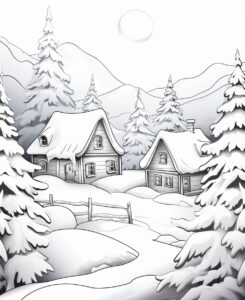 coloring book page for small children Snow-covered village with cozy cottages no colors, no shadows