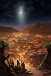 small town in the desert at the time of jesus christ, a star illuminates the night, the wise men arriving