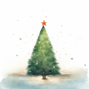 close up illustration of star decroation on top of the christmas tree, by Oliver Jeffers and Pixar, white background