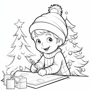 Kids coloring book. Thin crisp lines. Cute children coloring a Christmas coloring book on the ground. Black outline of picture only. No shading. No color. No shadow. No hair color. ar 2:3