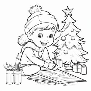 Kids coloring book. Thin crisp lines. Cute children coloring a Christmas coloring book on the ground. Black outline of picture only. No shading. No color. No shadow. No hair color. ar 2:3