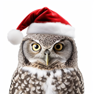 friendly powerful owl, santa hat, white background, photograph