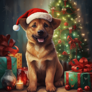 New Year greeting card for the New Year 2023! A Christmas tree decorated with shiny Christmas toys and garlands. puppy in red pajamas. Underneath it are a variety of gifts sea, realism, smooth, trending on art station, high quality, beautiful. Fun, Part vintage, part realism, part futurism. 8 k resolution, hyper detailed, d & d, character design, digital painting, trending on art station, sharp focus, illustration, art by art germ