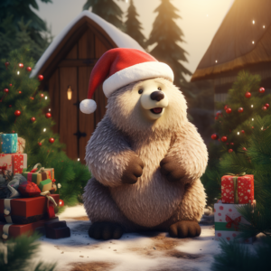 A bear in a Santa hat sits in the garden in a cartoon-like style, High and short depth of field, colorism, 8K, high detail