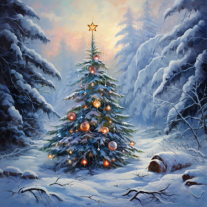 Christmas tree in the snow, decorated with blue balls and a star on top, in a winter forest, in the style of Thomas Kinkade, oil painting