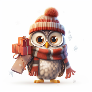 cute owl in a hat and scarf with christmas gifts, illustration, style by pixar animation studios artwork, christmasscore, white background