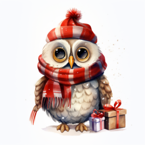 cute owl in a hat and scarf with christmas gifts, illustration, style by pixar animation studios artwork, christmasscore, white background