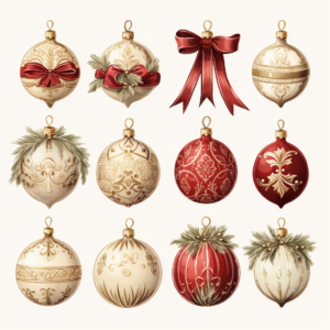 Christmas bauble clip art set with neutrals, and red, in a classical French fine art style, in the style of naturalistic renderings, 19th-century style