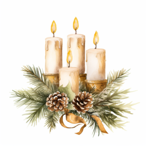 watercolour of advent wreath with 4 golden candles and fir branch ,isolated on a white background , Boho style