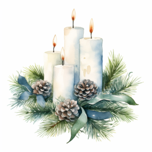 watercolour of advent wreath with 4 white candles and fir branch ,isolated on a white background , Boho style