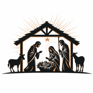 Black line art of a simple nativity silhouette on a white background