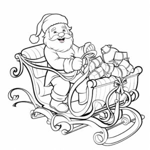design a black and white outline drawing of santa claus in his sleigh. design the image as a simple line art drawing with thick, clear outlines that are neatly joined together so the image can be used as a coloring page for adults. ensure there are sufficient blank spaces between the outlines so the images can easily be colored in by adults.