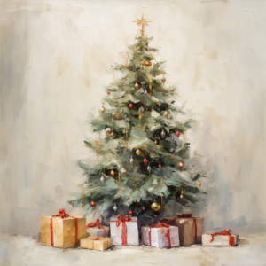 impressionist style oil painting of a tall, slender Christmas tree with uneven branches minimal decorations and 3-5 gifts on a white neutral background.