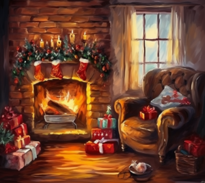 neutral Rustic oil painting of Fireplace with firewood beside a window at night, Santa Claus socks, some books, and a quilt on a sofa, a Wreath, Christmas tree, gift box, Wine glass, grunge vintage 1960s old, Christmas ever, seamless background, symmetrical balance
