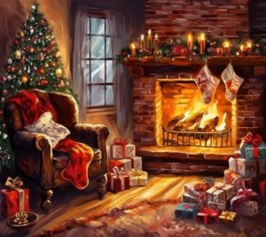 neutral Rustic oil painting of Fireplace with firewood beside a window at night, Santa Claus socks, some books, and a quilt on a sofa, a Wreath, Christmas tree, gift box, Wine glass, grunge vintage 1960s old, Christmas ever, seamless background, symmetrical balance