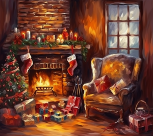 neutral Rustic oil painting of Fireplace with firewood beside a window at night, Santa Claus socks, some books, and a quilt on a sofa, a Wreath, Christmas tree, gift box, Wine glass, grunge vintage 1960s old, Christmas ever, seamless background, symmetrical balance