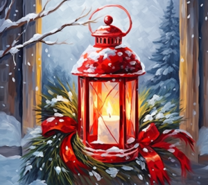 Painting oil style, a Christmas lantern in red, Attach a small holiday wreath to the front of the lantern using a festive ribbon, eplace the lantern on a windowsill looking out onto a frost-covered background, all in in painting oil art style, paintbrush pattern, expressive, Christmas vibes, Christmas colors, full background, seamless background, symmetrical balance