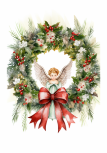 christmas wreath, on both side have angels decor with trumpets. non realistic. watercolor style