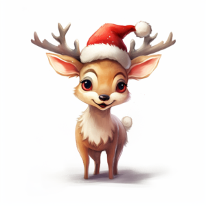 cute realistic looking little deer with Christmas hat on its large antlers, pixar type, gently colors, on the white background, from the front