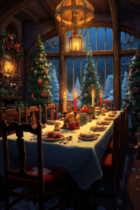 Ghibli Studio, retro animated film style by Miyazaki, a cozy warm dining room with a long table with twelve traditional Polish Christmas Eve dishes and candles, outside the window it is snowing and cold, retro,