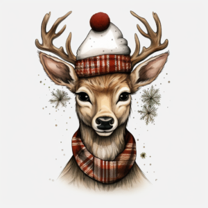 woodland style deer wearing christmas hat whitebackground