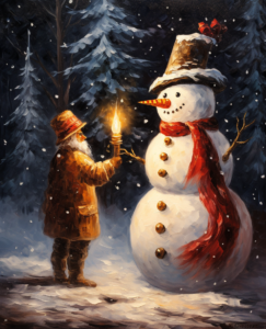 in the art style of John Constable, create a oil painting showing the snowman, a reindeer and a decorated lighted christmas tree