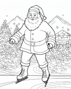 Christmas santa Ice Skating cartoon style, well composed, clean coloring book page,, no dither, no gradient, no fill, no solids, vector illustration, b& w lineart, thin black lines