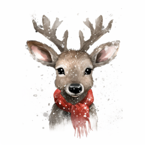 Wrendale style,funny cute raindeer Rudolf,Red nose,Christmas style,minimalist style,drawing style,Simple design,winter scenery,black background