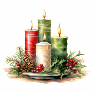 Highly realistic Intricate detailed watercolor close up side view drawings of a Christmas candles on a fomal dining table, isolated on white background, no text, no watermark