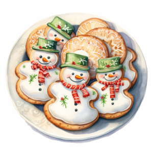 Highly realistic Intricate detailed watercolor drawings of a plate of Snowman shape cookies, isolated on white background, no text, no watermark