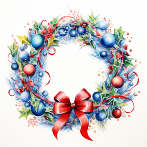 Highly realistic Intricate detailed watercolor drawings of a minimalistic christmas wreath with baubles & ribbons, isolated on white background, no text, no watermark