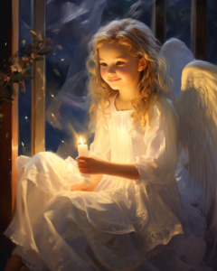 A 12-year-old female white angel sits by the window, smiling and happy expression, indoors, candles, warm candlelight, starry sky, warm glow, warm atmosphere, peaceful and tranquil, oil painting style, Best quality, extremely rich in detail
