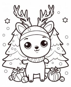 coloring page for kids, cute kawaii christmas scene, christmas tree, reindeer, cartoon style, thick lines, white background,