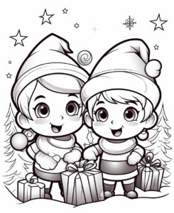 coloring page for kids, cute kawaii christmas scene, elves and santa, cartoon style, thick lines, white background,