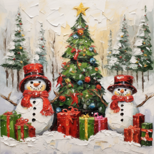 Thick impasto drawing of the Christmas trees, Christmas wrapped gift boxes, Christmas cards, snowman, mittens, scarves, coats. Christmas colors red, green, gold. White background