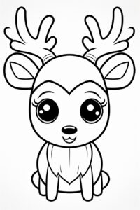 simple Kawaii reindeer coloring book page, many coloring areas available, clean line art, white background, no color.