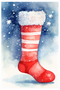 Photo watercolor new year's card with red sock with