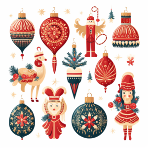 Collection of beautiful baubles and decorations for Christmas tree. Set of holiday ornaments. Figures of animals, Santa Claus, nutcracker, ballerina. Colored vector illustration in flat cartoon style