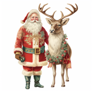 chromolithography, Christmas vintage 1960s Reindeer with 1960s santa clipart, in the style of glamorous kitsch, uhd image, vintage imagery, two dimensional, isolate on white background